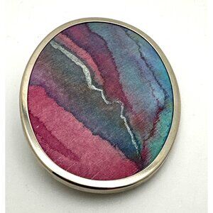Vintage 70s Abstract Watercolor Oval Pin Brooch Fabric Retro Colorful